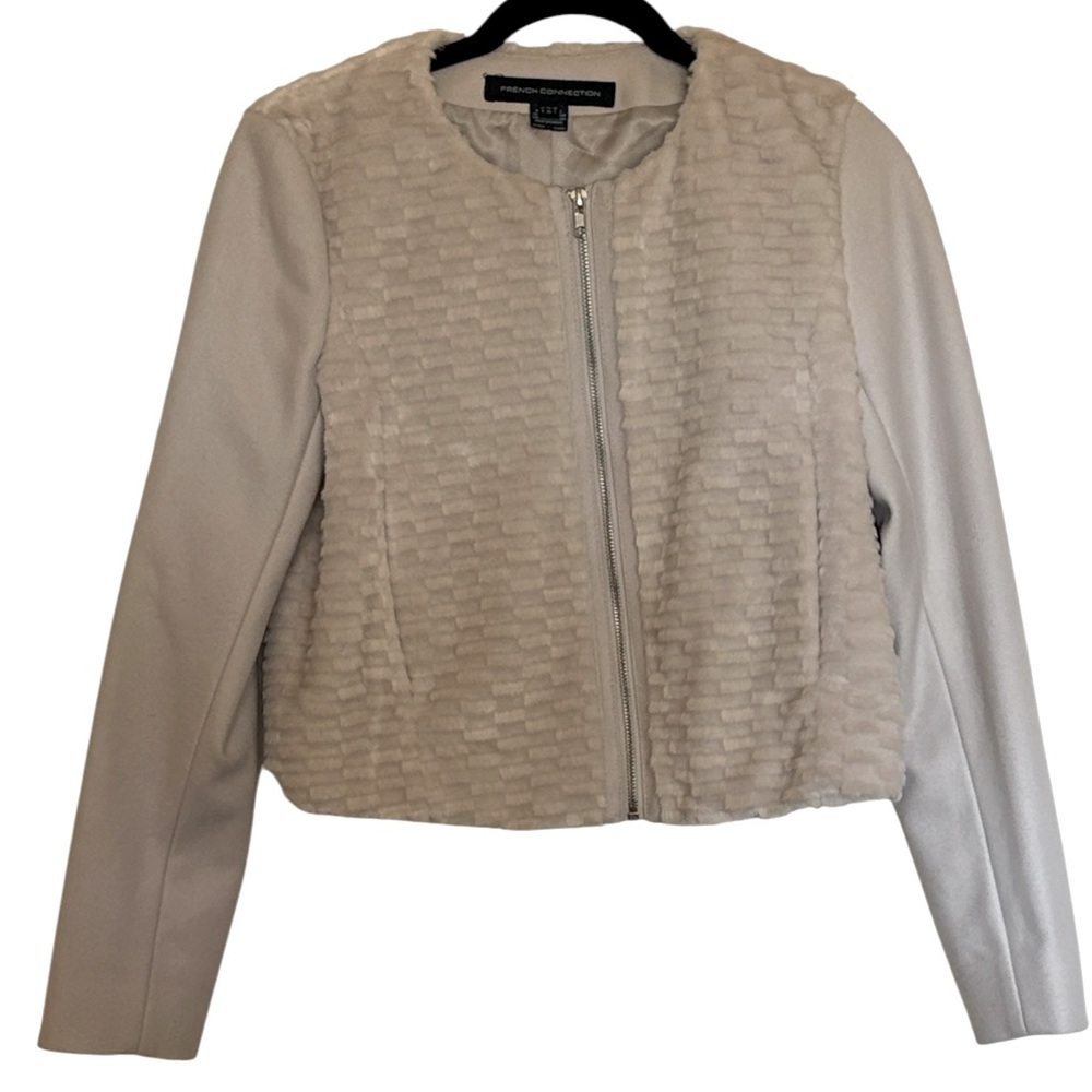 French Connection zip front bomber style jacket,faux fur ,wool/cashmere , size 4